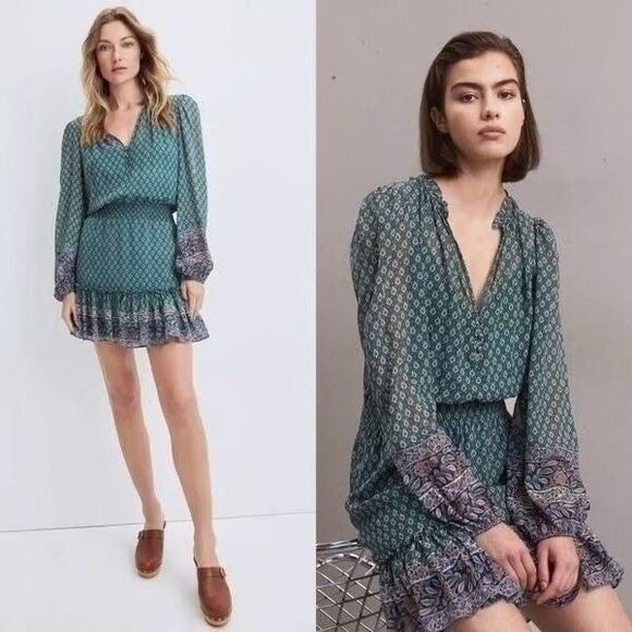 Veronica Beard Size 12 Destiny Smocked Waist V-Neck Seaglass Multi Silk Dress - Picture 7 of 12